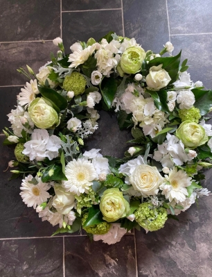 Wreath in greens, white and ivory